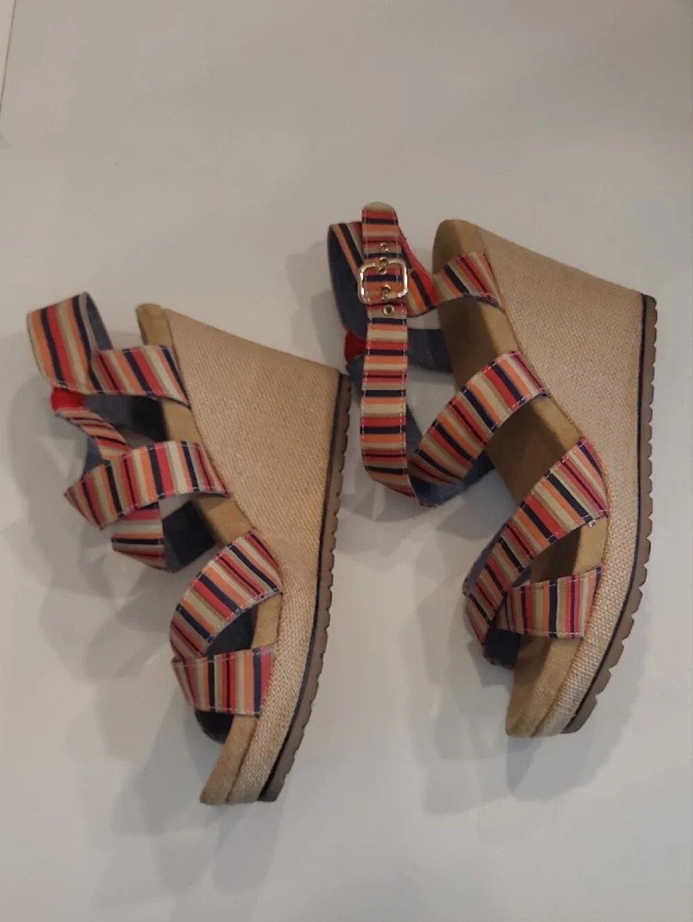 Dr. Scholl's Striped Multicolor Espadrille Wedge Sandals Strappy Striped Print